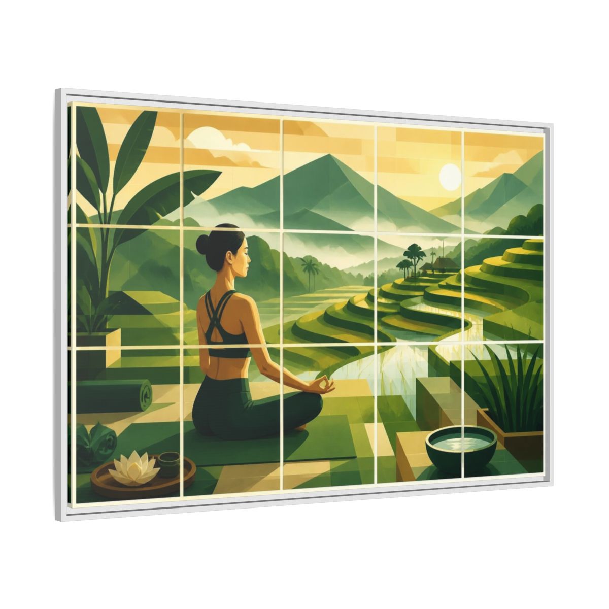 Side Mockup 7. Yoga Woman At Rice Terraces shown as framed canvas print