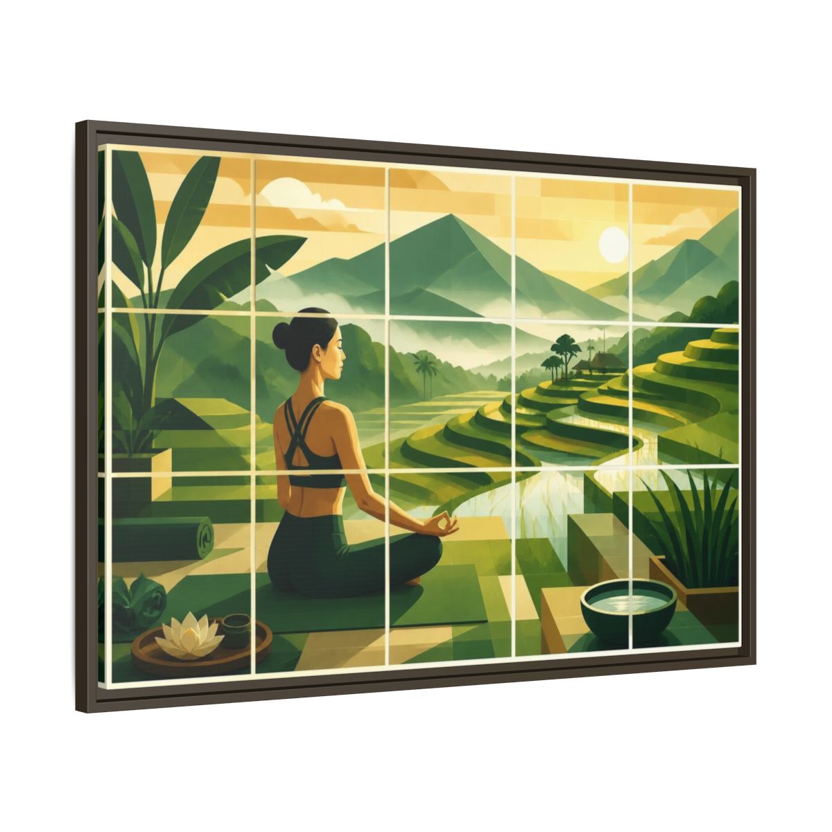Main Mockup. Yoga Woman At Rice Terraces shown as framed canvas print