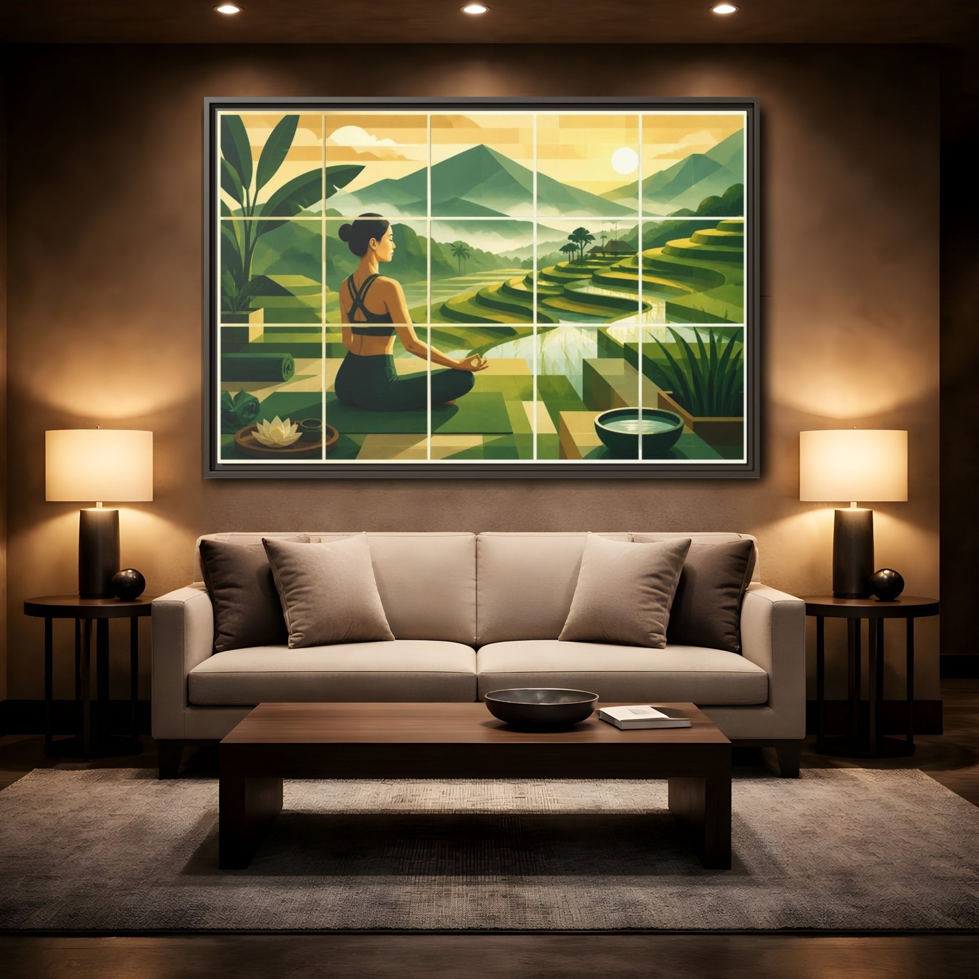 Mockup 2. Yoga Woman At Rice Terraces shown as framed canvas print