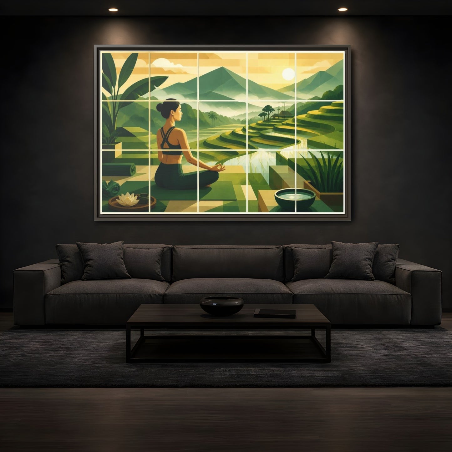 Mockup 3. Yoga Woman At Rice Terraces shown as framed canvas print