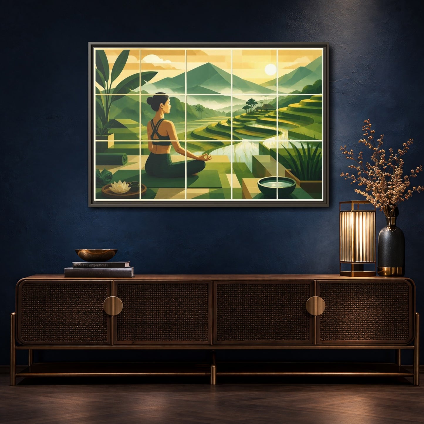 Mockup 4. Yoga Woman At Rice Terraces shown as framed canvas print