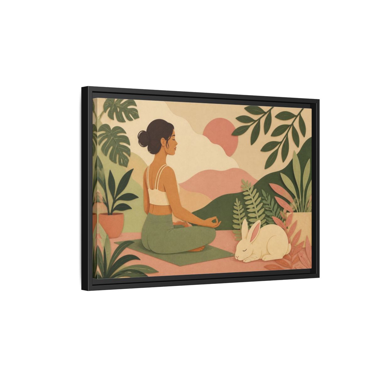 Side Mockup 3. Yoga Woman With Rabbit shown as framed canvas print
