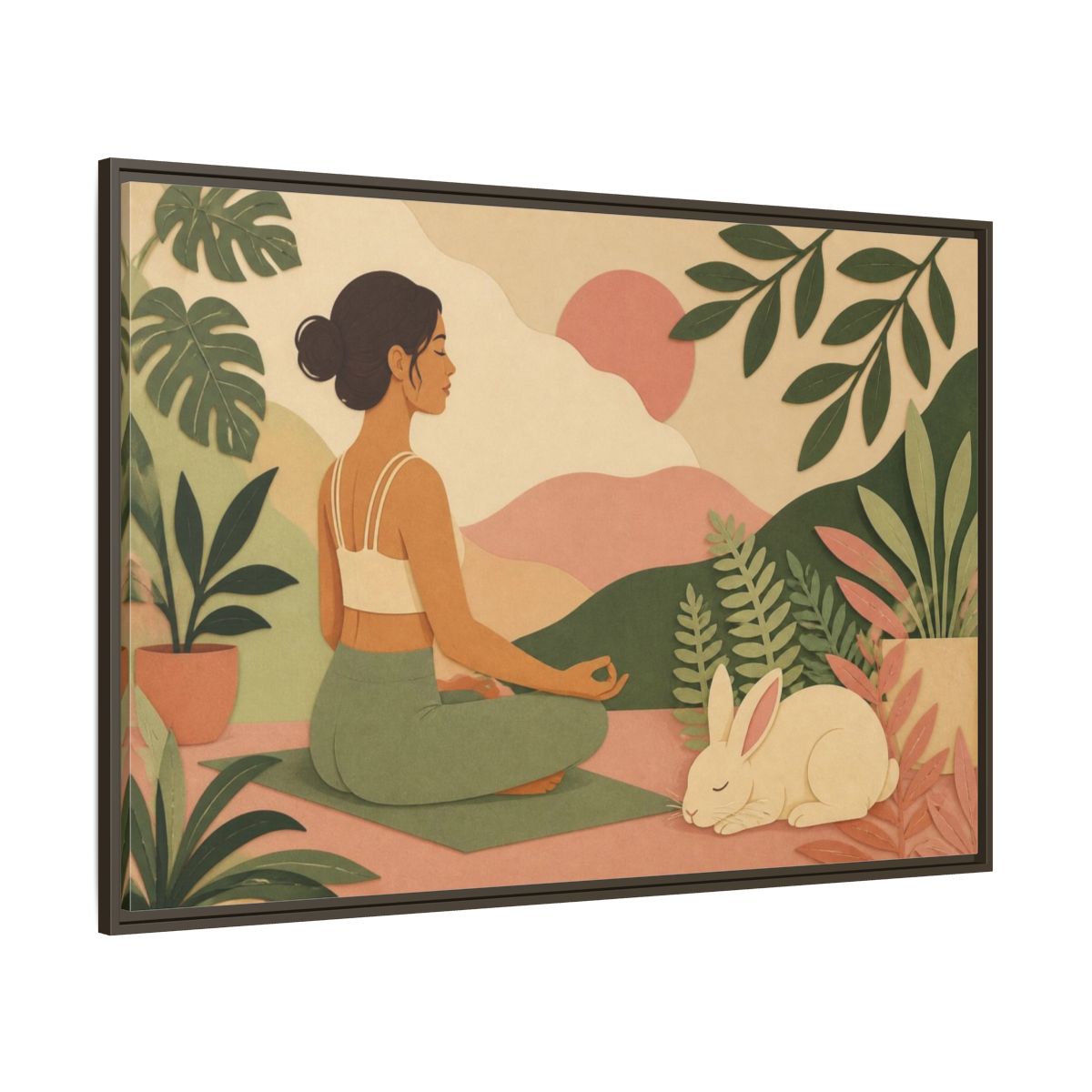 Side Mockup 8. Yoga Woman With Rabbit shown as framed canvas print