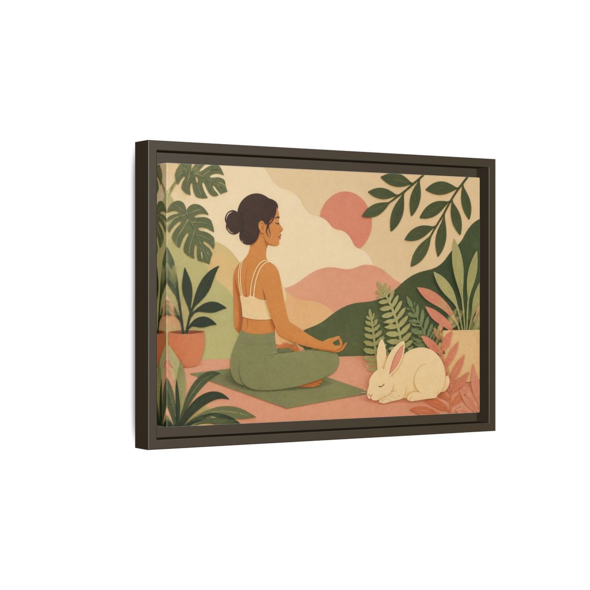 Side Mockup 5. Yoga Woman With Rabbit shown as framed canvas print