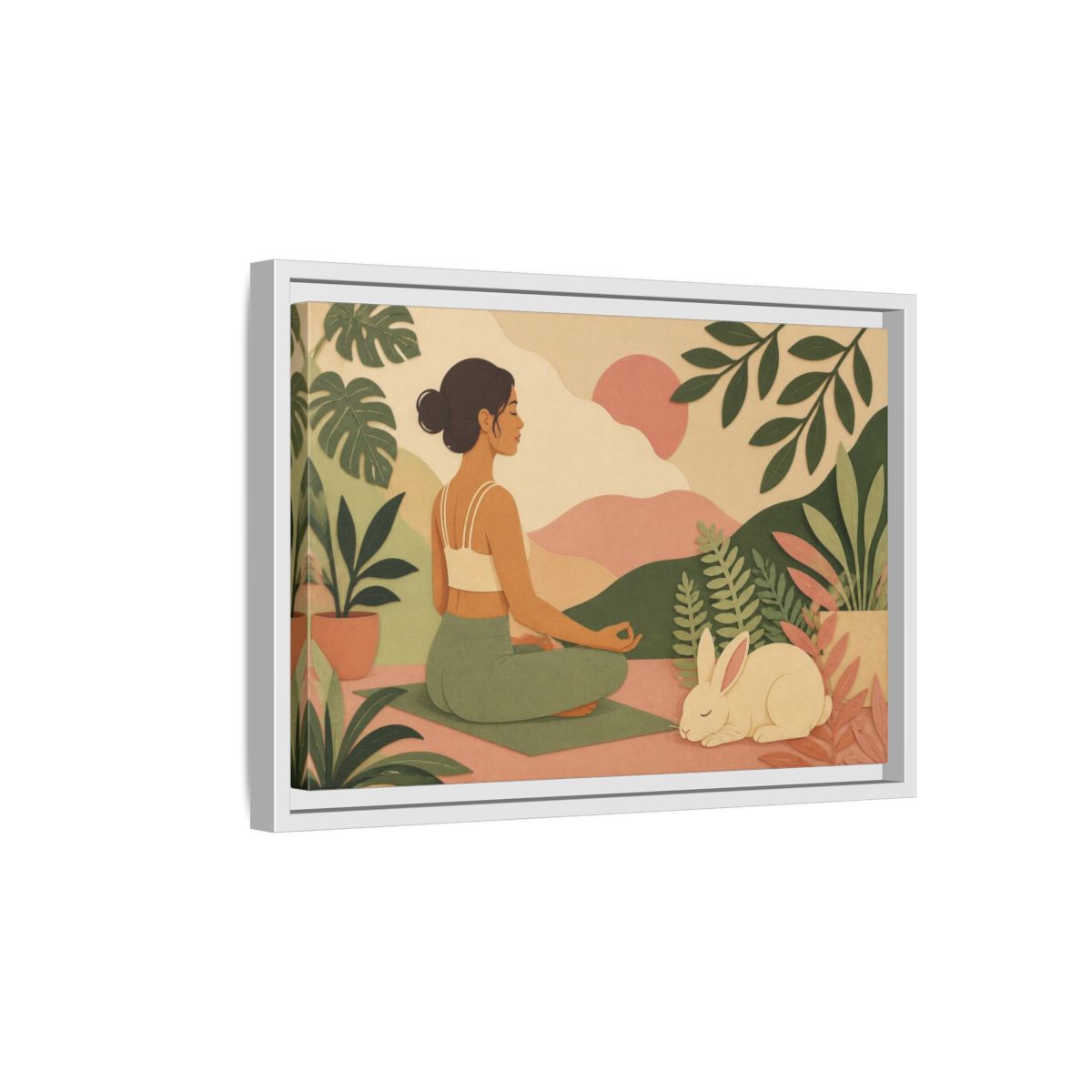 Side Mockup 4. Yoga Woman With Rabbit shown as framed canvas print