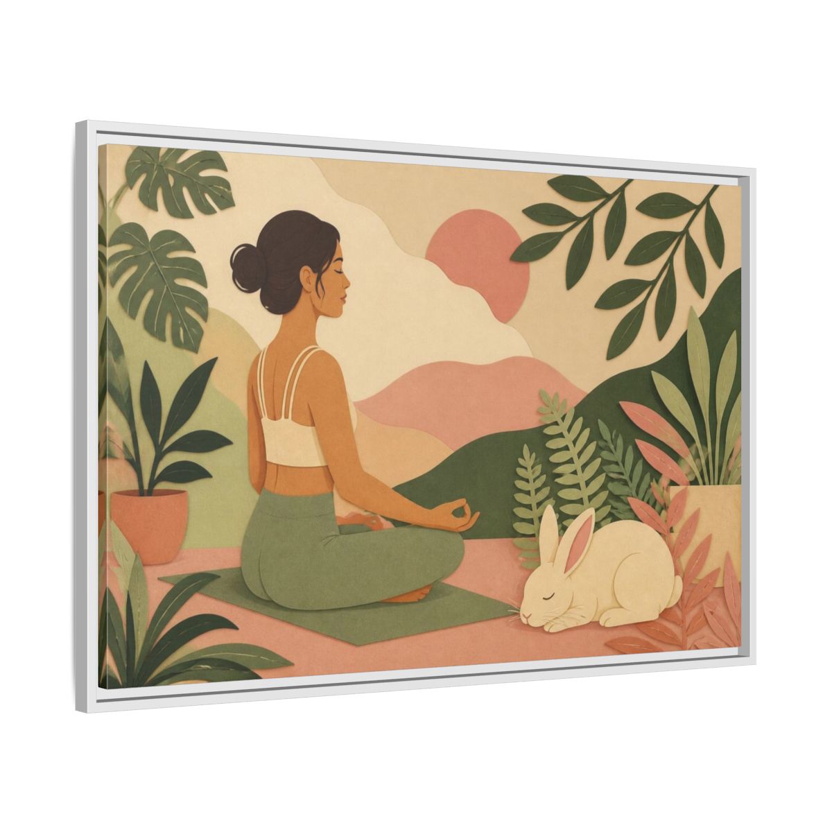 Side Mockup 9. Yoga Woman With Rabbit shown as framed canvas print