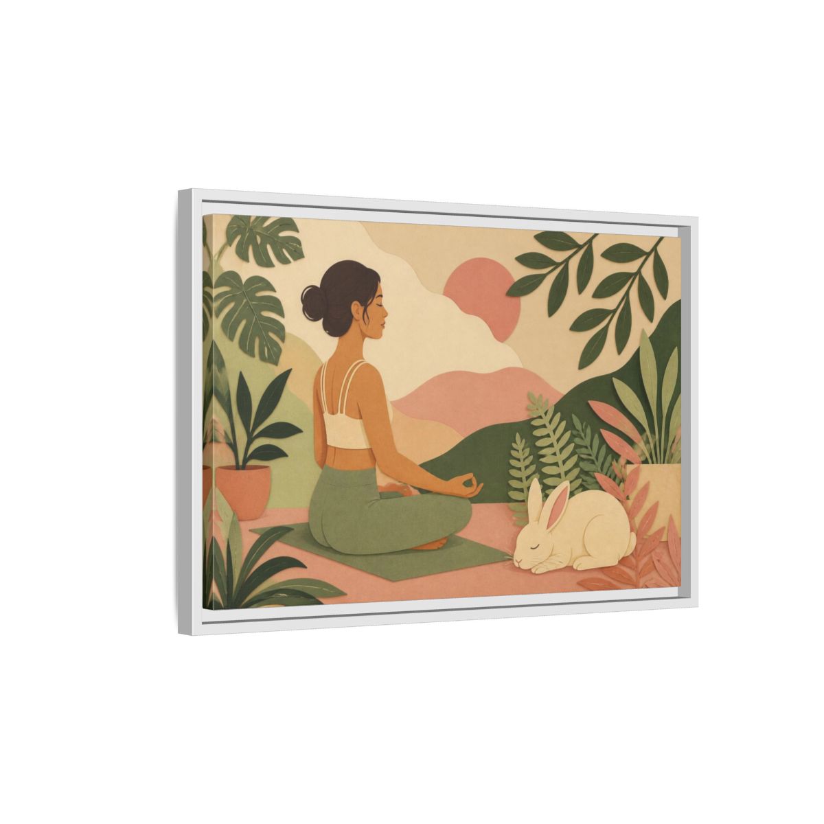 Side Mockup 1. Yoga Woman With Rabbit shown as framed canvas print