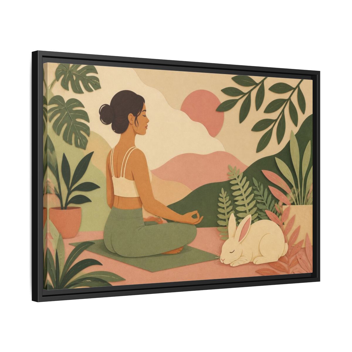 Side Mockup 14. Yoga Woman With Rabbit shown as framed canvas print