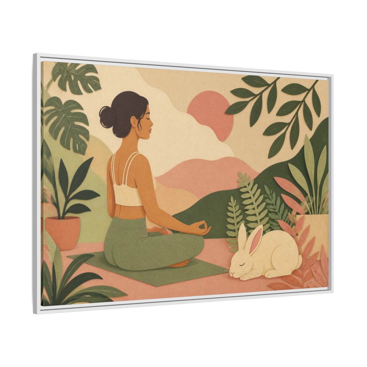 Side Mockup 7. Yoga Woman With Rabbit shown as framed canvas print