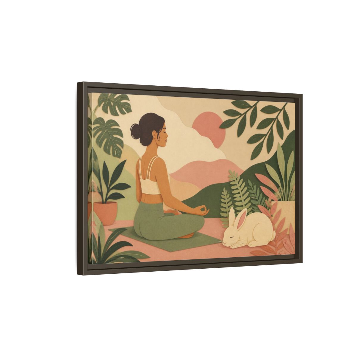 Side Mockup 2. Yoga Woman With Rabbit shown as framed canvas print