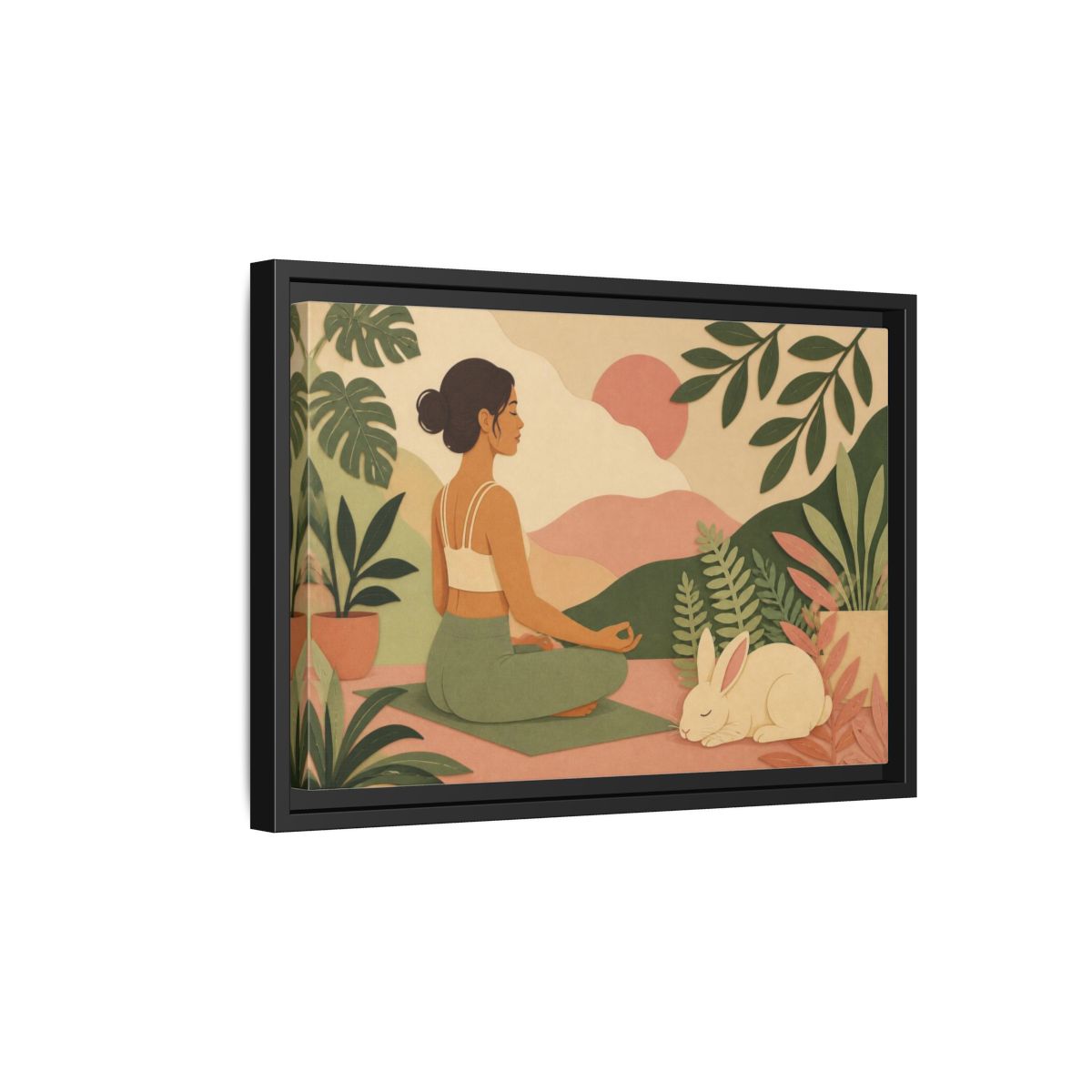 Side Mockup 6. Yoga Woman With Rabbit shown as framed canvas print