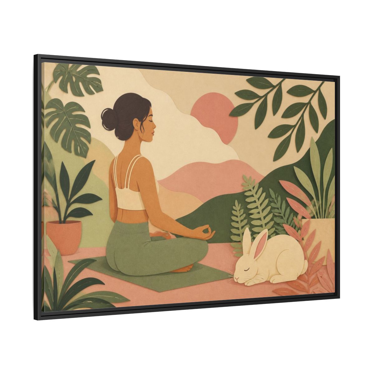 Side Mockup 12. Yoga Woman With Rabbit shown as framed canvas print