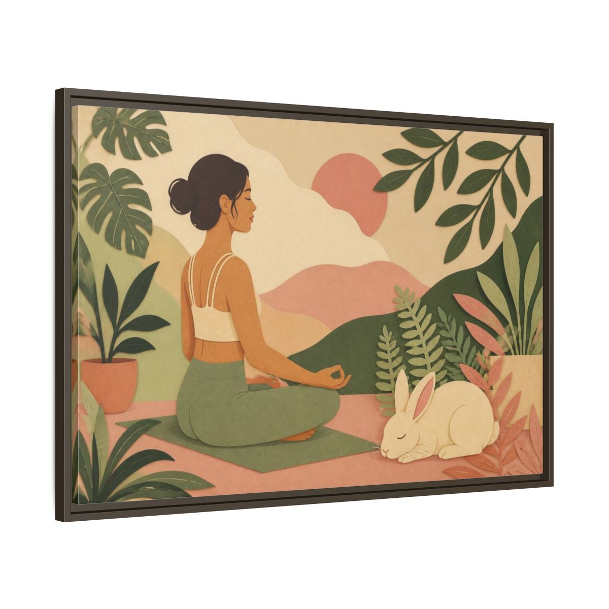 Main Mockup. Yoga Woman With Rabbit shown as framed canvas print