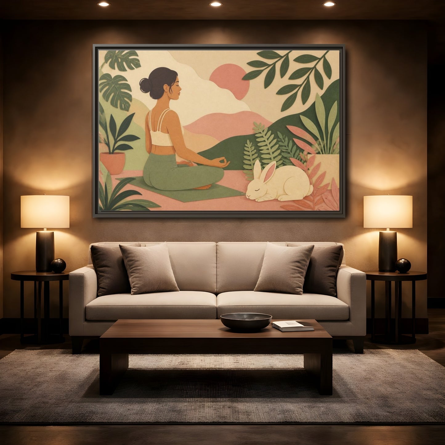 Mockup 2. Yoga Woman With Rabbit shown as framed canvas print