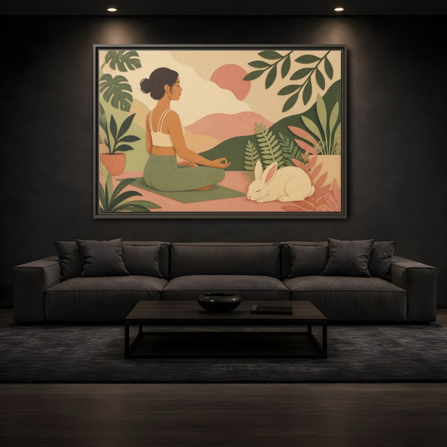 Mockup 3. Yoga Woman With Rabbit shown as framed canvas print