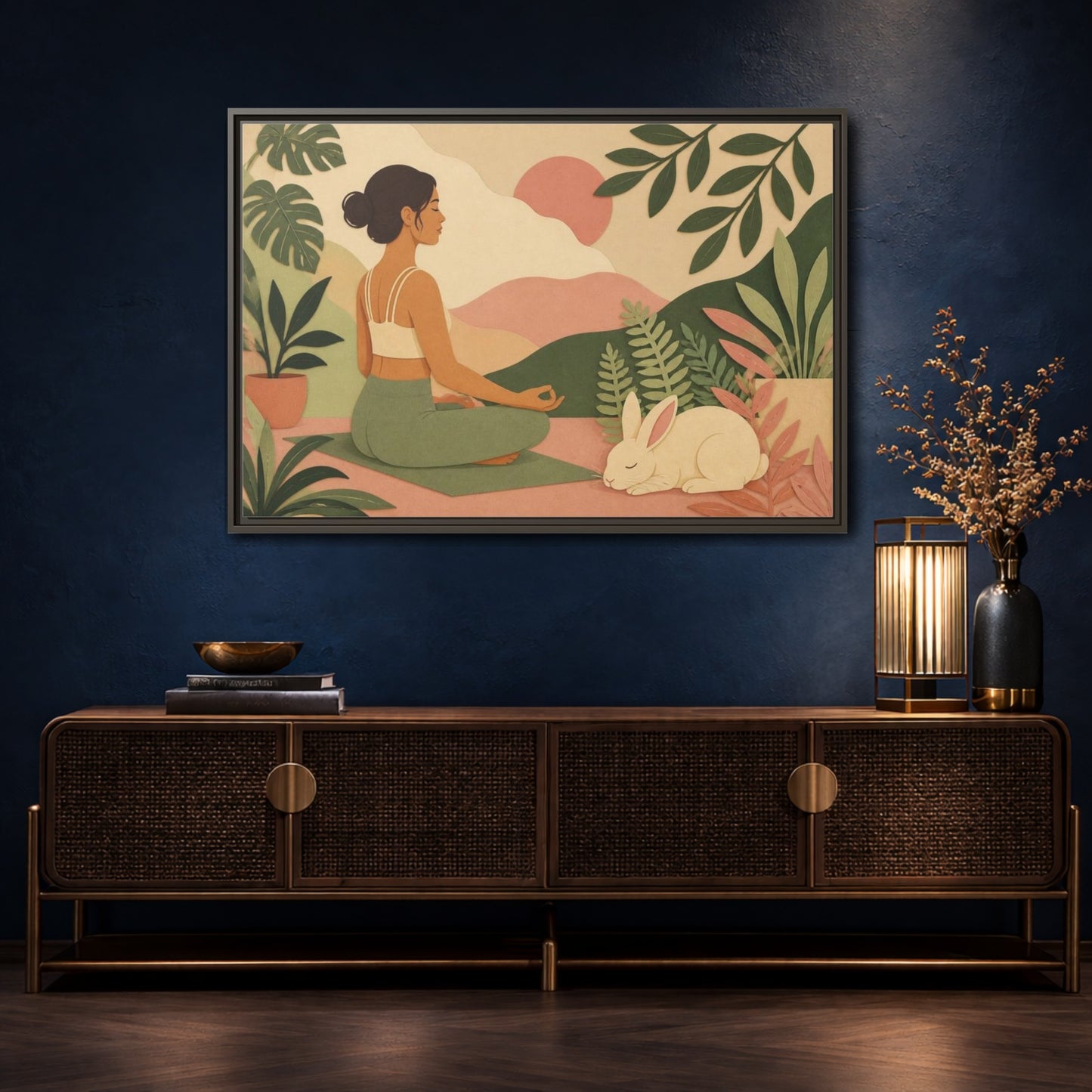 Mockup 4. Yoga Woman With Rabbit shown as framed canvas print