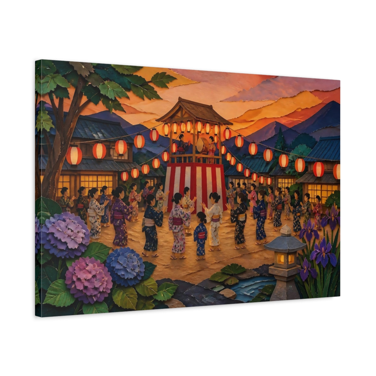 Side Mockup 2. Yukata Dancers At Lantern Festival shown as canvas print