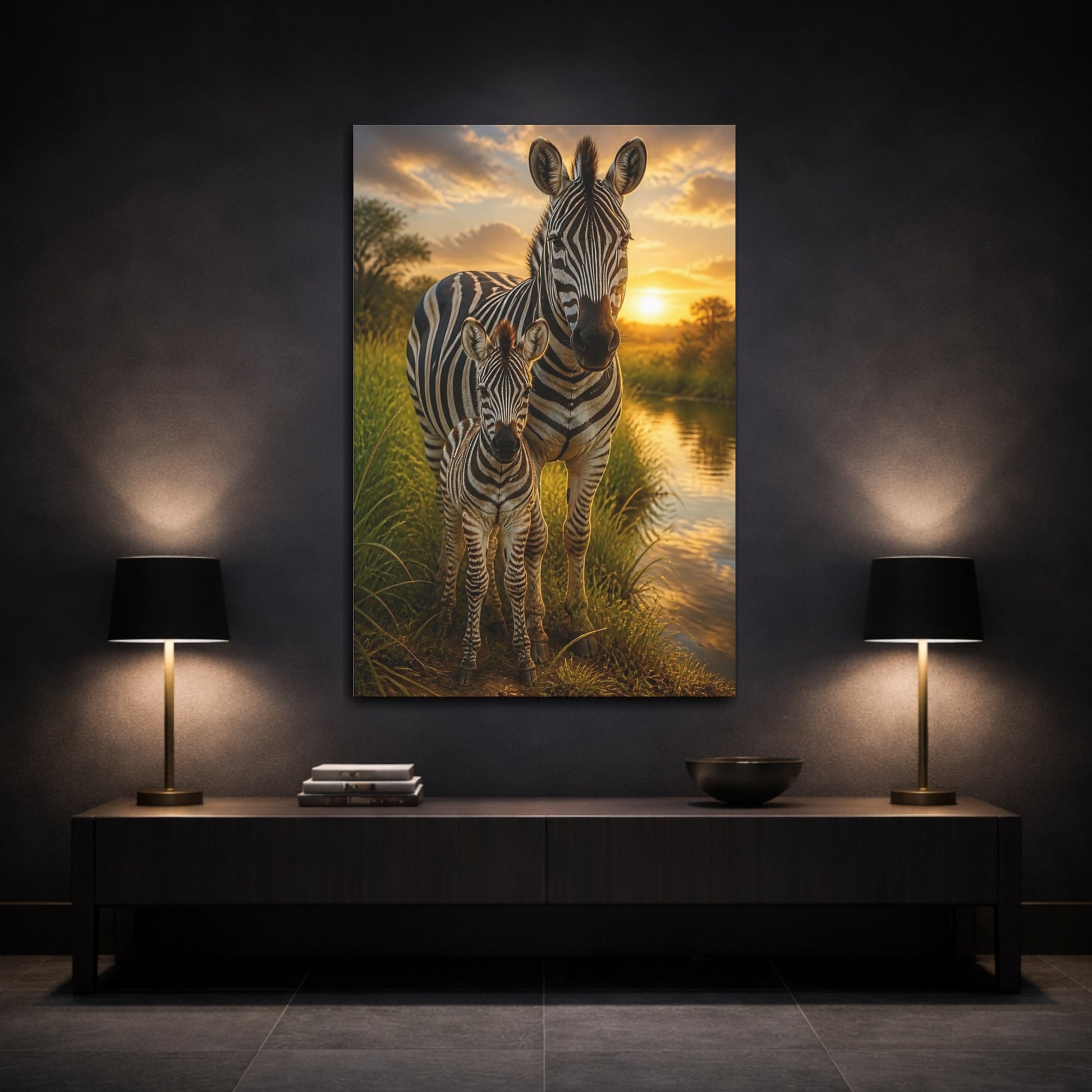Mockup 3. Zebra Animals At Sunset shown as canvas print