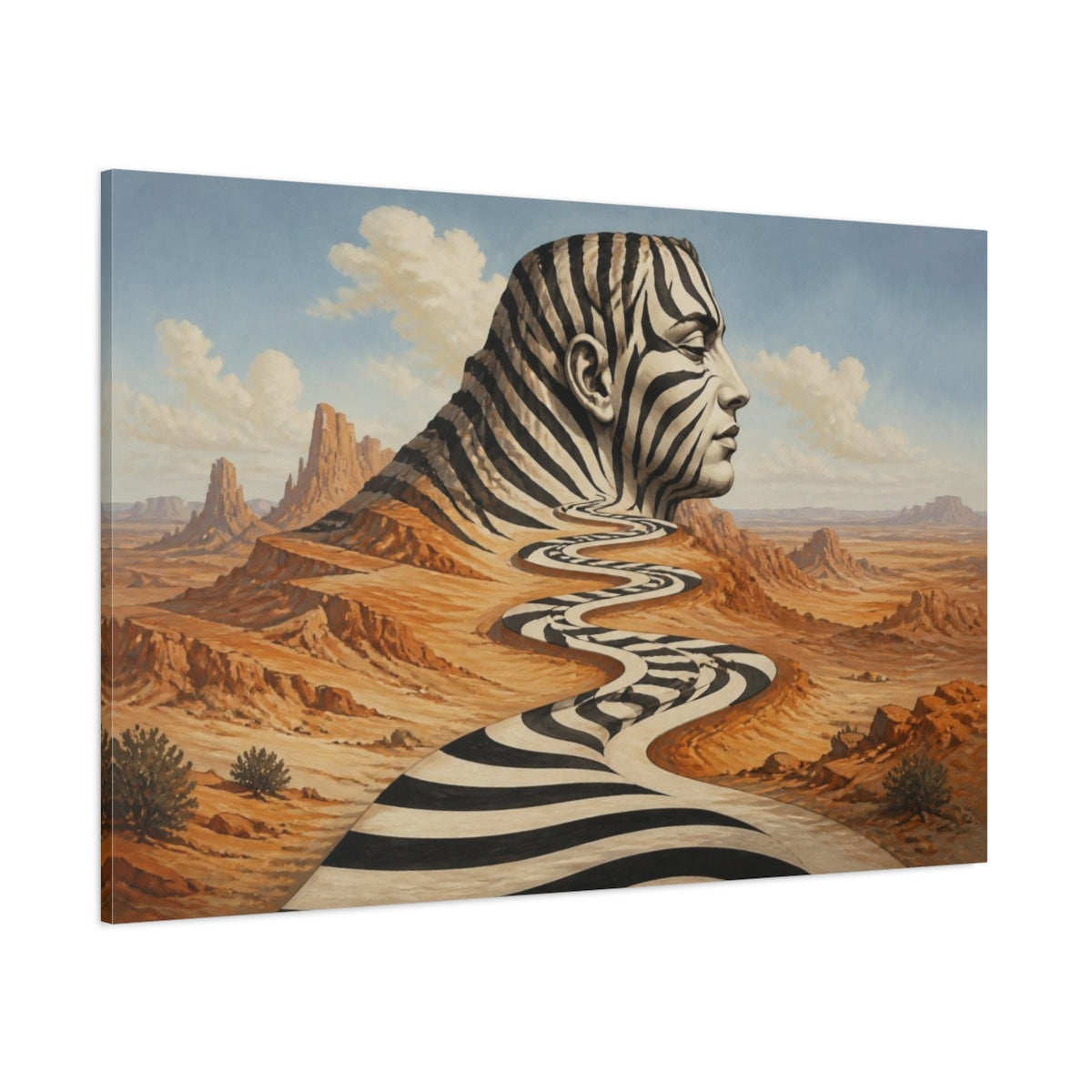 Side Mockup 1. Zebra Illusion Landscape shown as canvas print