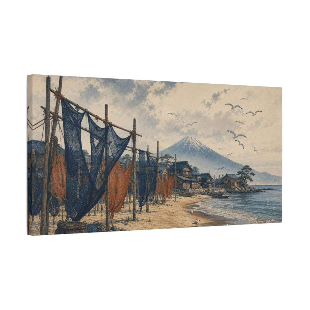 Side Mockup 1. Zen-Inflected Atmospheric Painting Coastal Village With Drying Nets And Gulls, Sand, Indigo Rust shown as canvas print