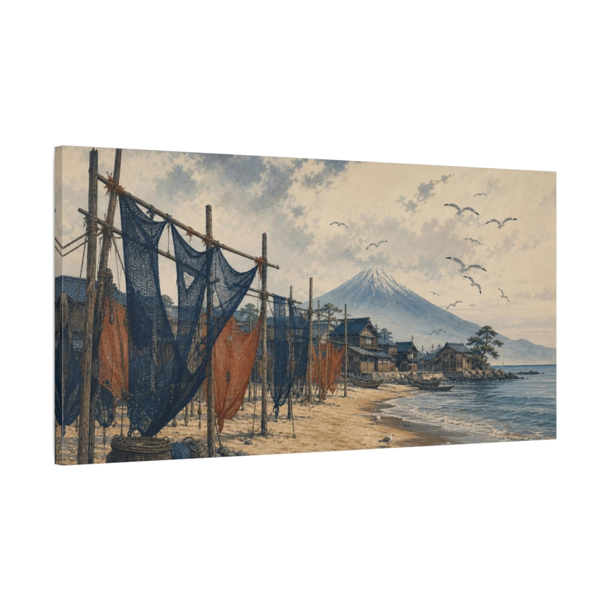 Main Mockup. Zen-Inflected Atmospheric Painting Coastal Village With Drying Nets And Gulls, Sand, Indigo Rust shown as canvas print