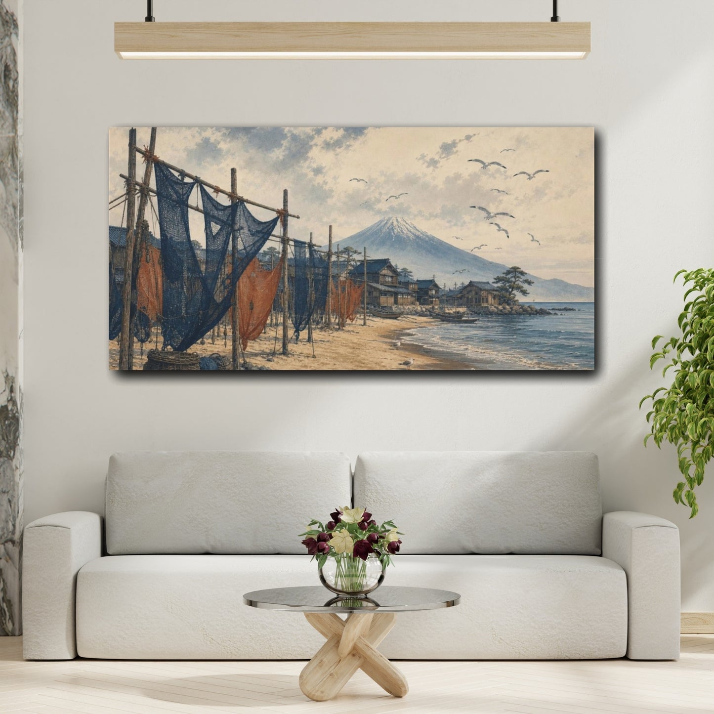 Mockup 2. Zen-Inflected Atmospheric Painting Coastal Village With Drying Nets And Gulls, Sand, Indigo Rust shown as canvas print