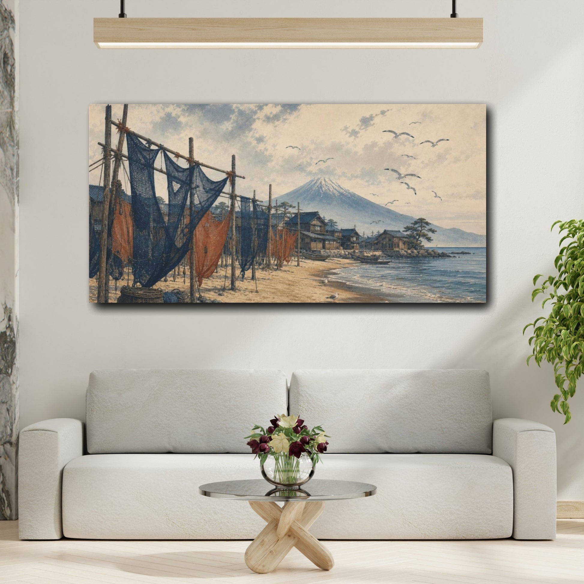 Mockup 2. Zen-Inflected Atmospheric Painting Coastal Village With Drying Nets And Gulls, Sand, Indigo Rust shown as canvas print