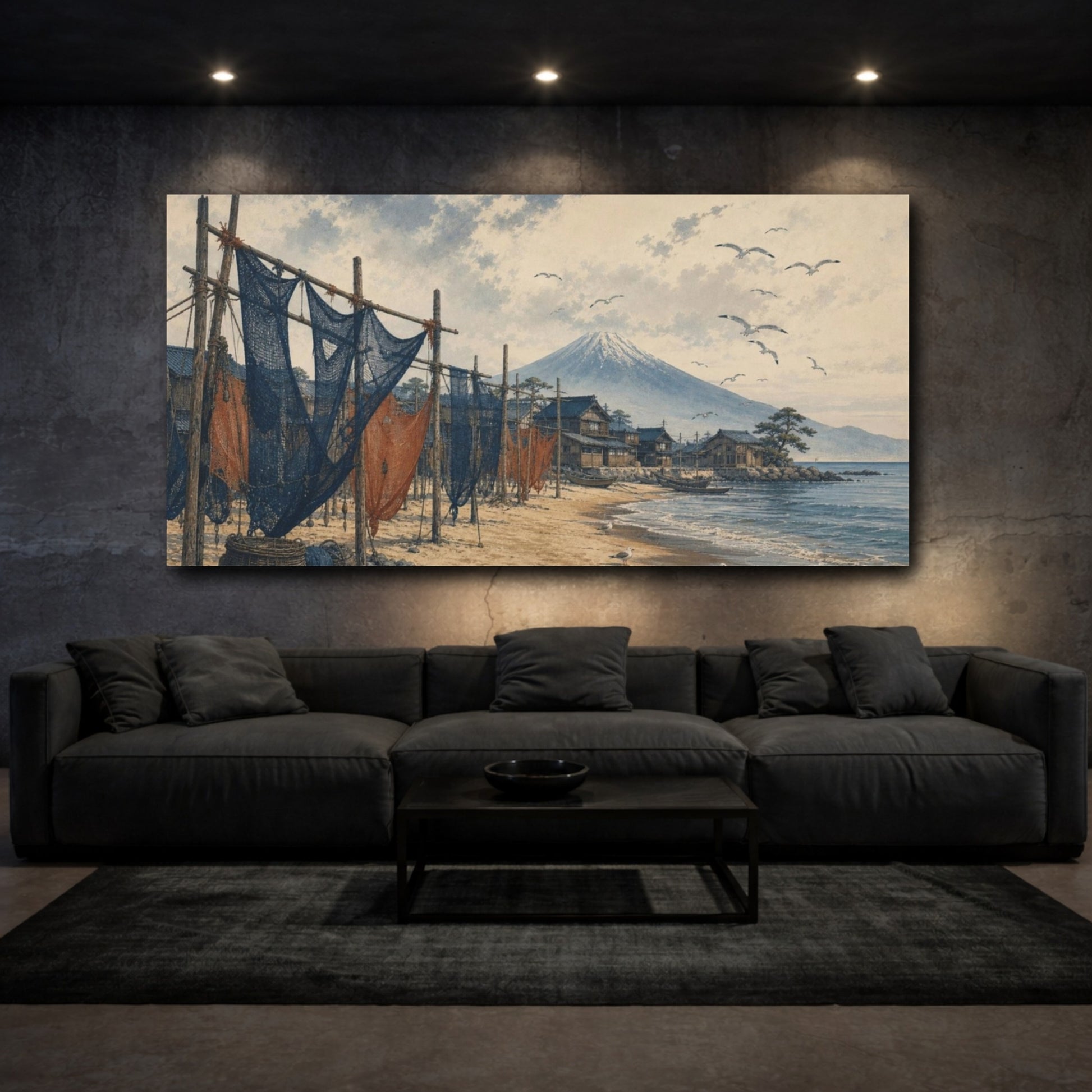 Mockup 3. Zen-Inflected Atmospheric Painting Coastal Village With Drying Nets And Gulls, Sand, Indigo Rust shown as canvas print