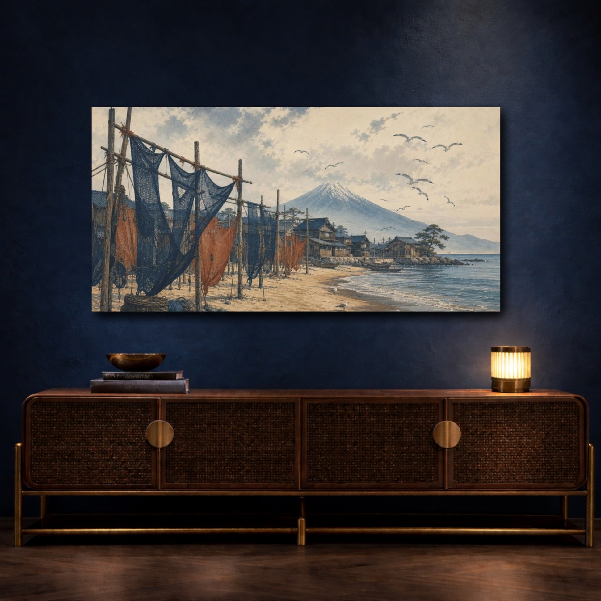 Mockup 4. Zen-Inflected Atmospheric Painting Coastal Village With Drying Nets And Gulls, Sand, Indigo Rust shown as canvas print