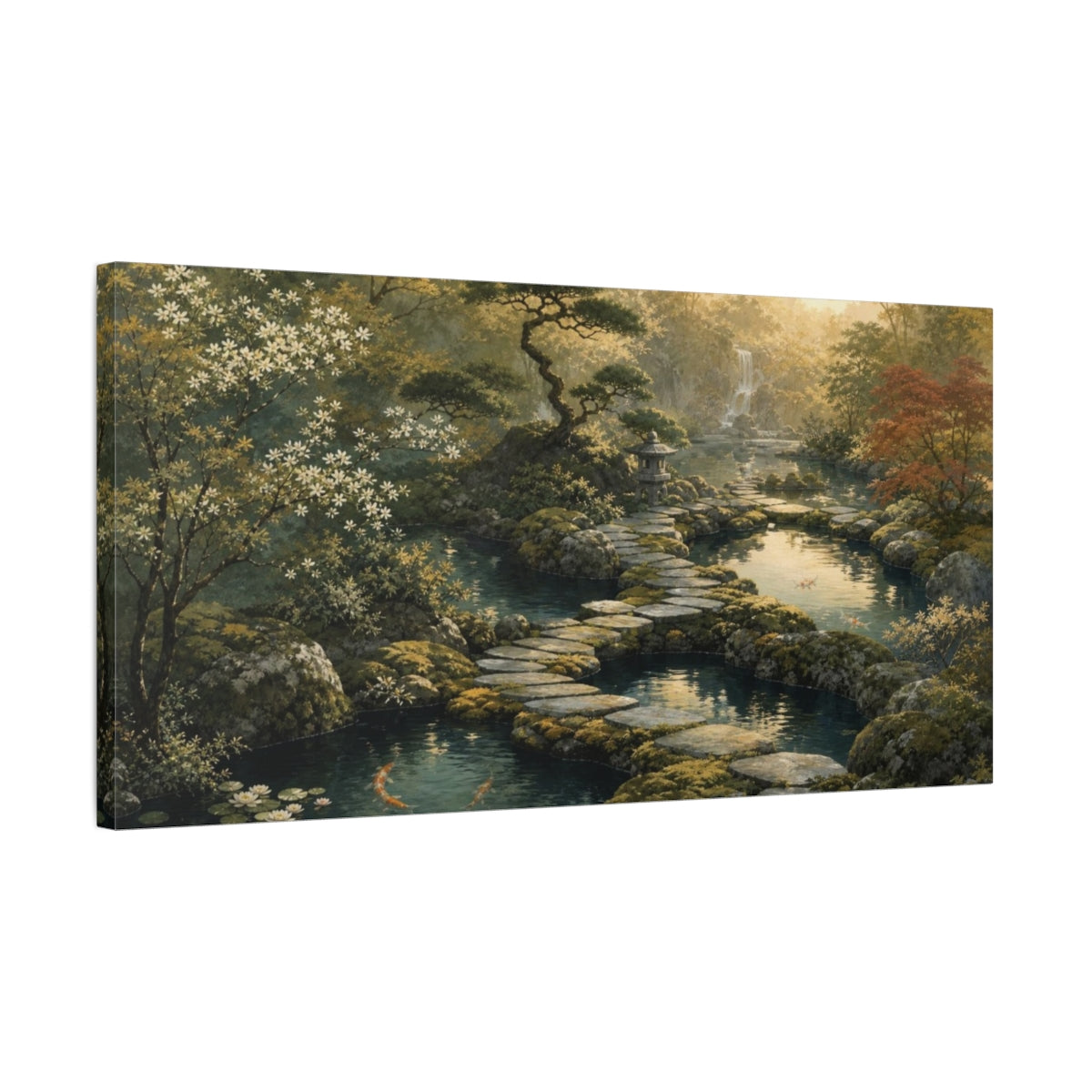 Side Mockup 1. Zen-Inflected Atmospheric Painting Three Garden Ponds Linked By Stepping Stones, Moss, Slate And Muted Gold shown as canvas print