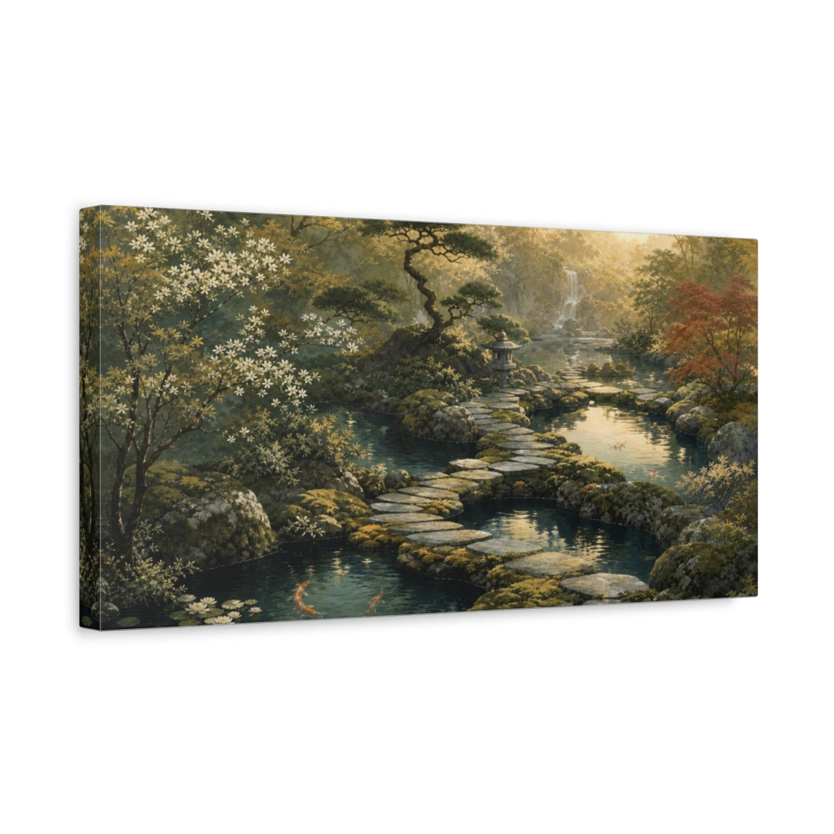 Side Mockup 3. Zen-Inflected Atmospheric Painting Three Garden Ponds Linked By Stepping Stones, Moss, Slate And Muted Gold shown as canvas print
