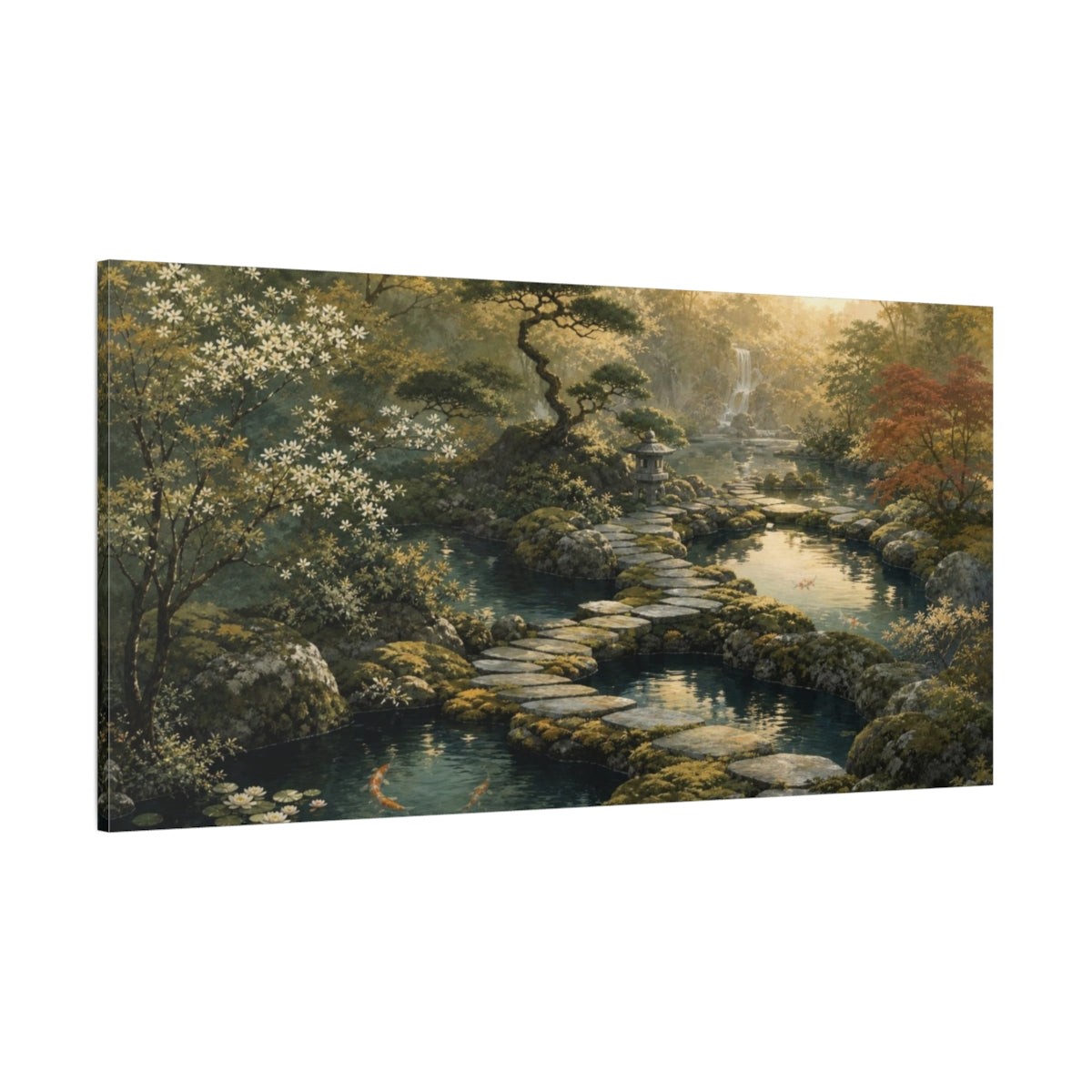 Side Mockup 2. Zen-Inflected Atmospheric Painting Three Garden Ponds Linked By Stepping Stones, Moss, Slate And Muted Gold shown as canvas print