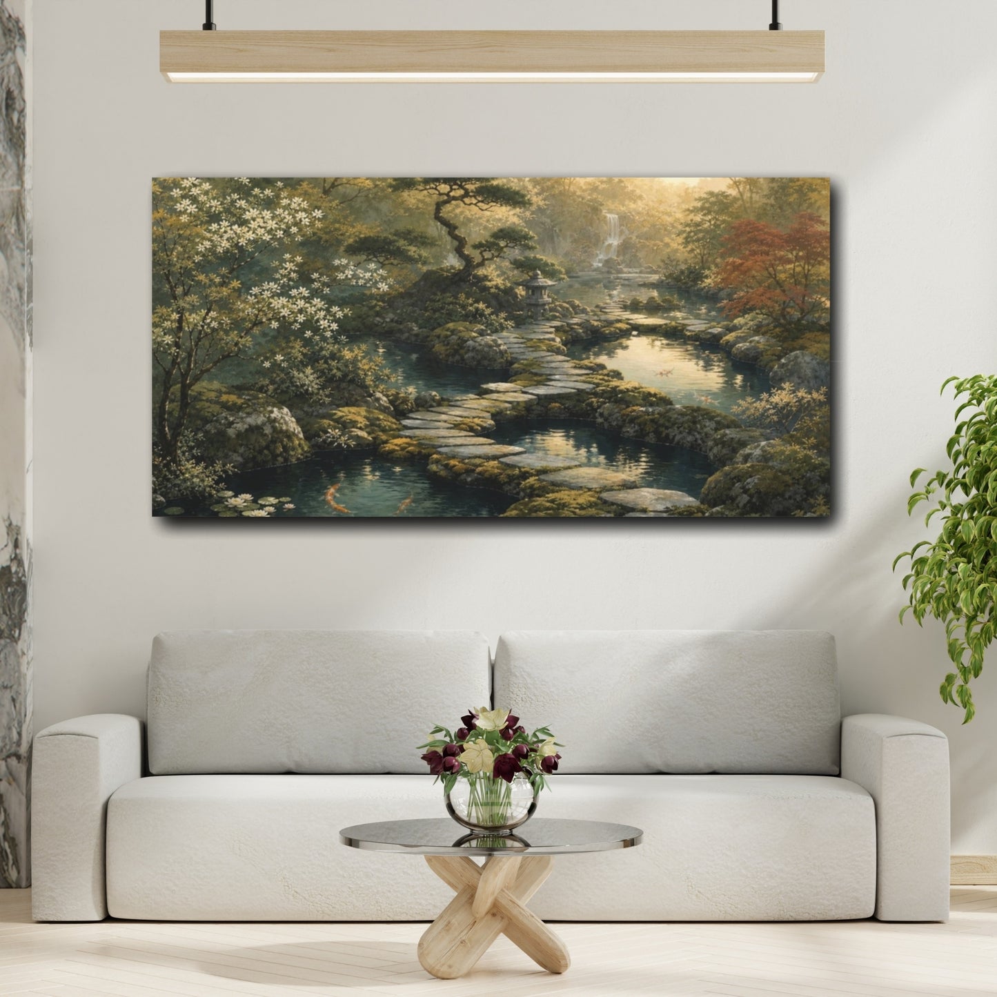 Mockup 2. Zen-Inflected Atmospheric Painting Three Garden Ponds Linked By Stepping Stones, Moss, Slate And Muted Gold shown as canvas print