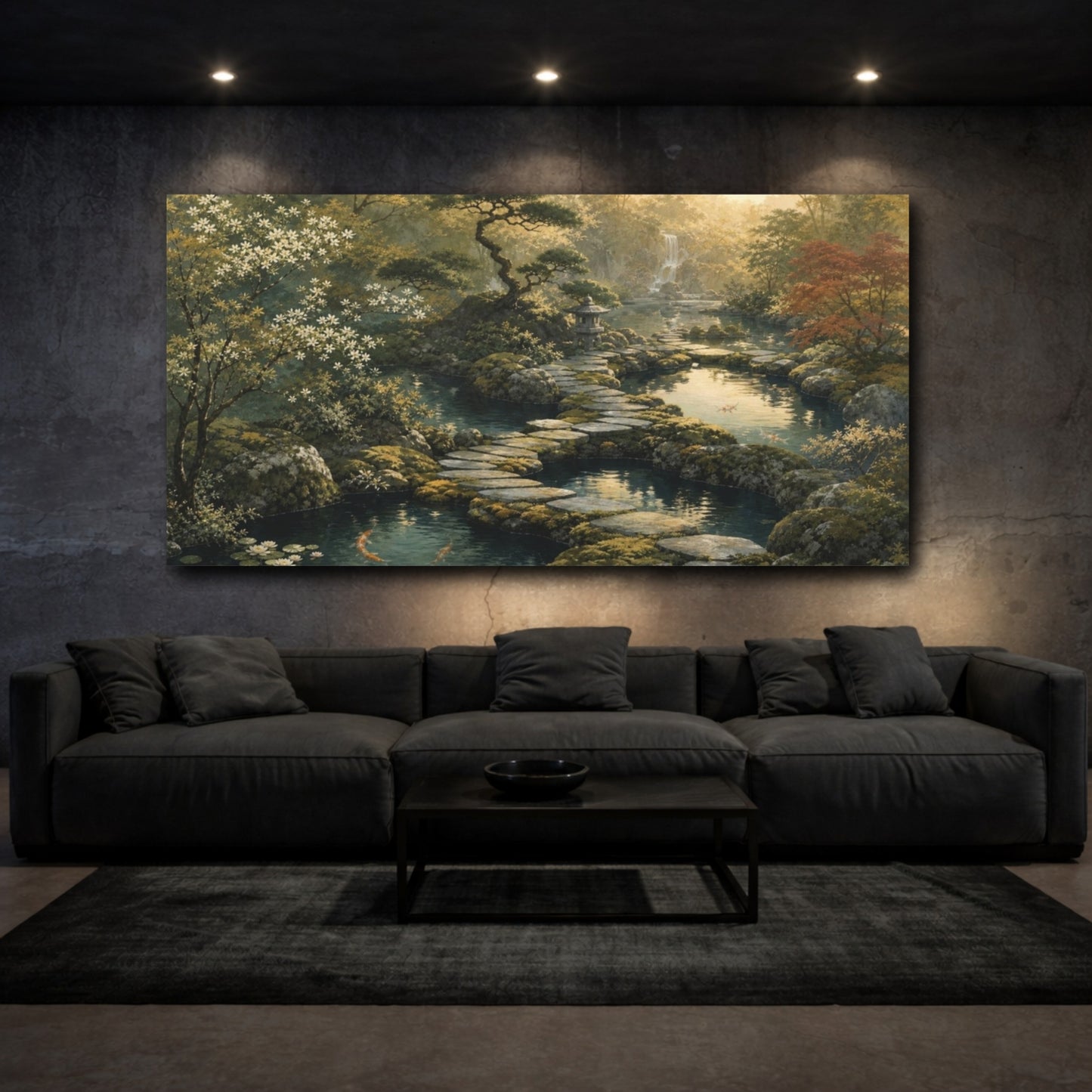 Mockup 3. Zen-Inflected Atmospheric Painting Three Garden Ponds Linked By Stepping Stones, Moss, Slate And Muted Gold shown as canvas print