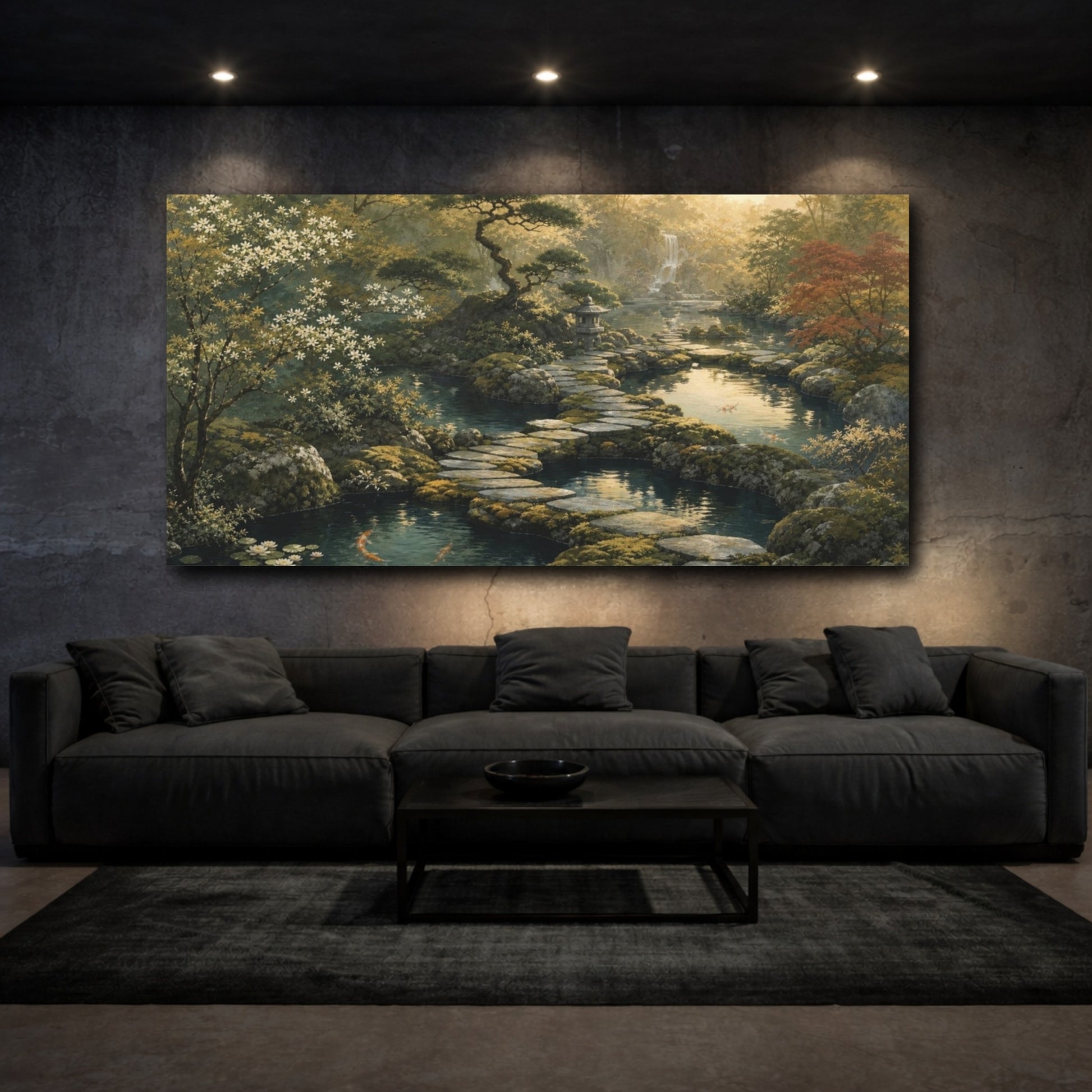 Mockup 3. Zen-Inflected Atmospheric Painting Three Garden Ponds Linked By Stepping Stones, Moss, Slate And Muted Gold shown as canvas print
