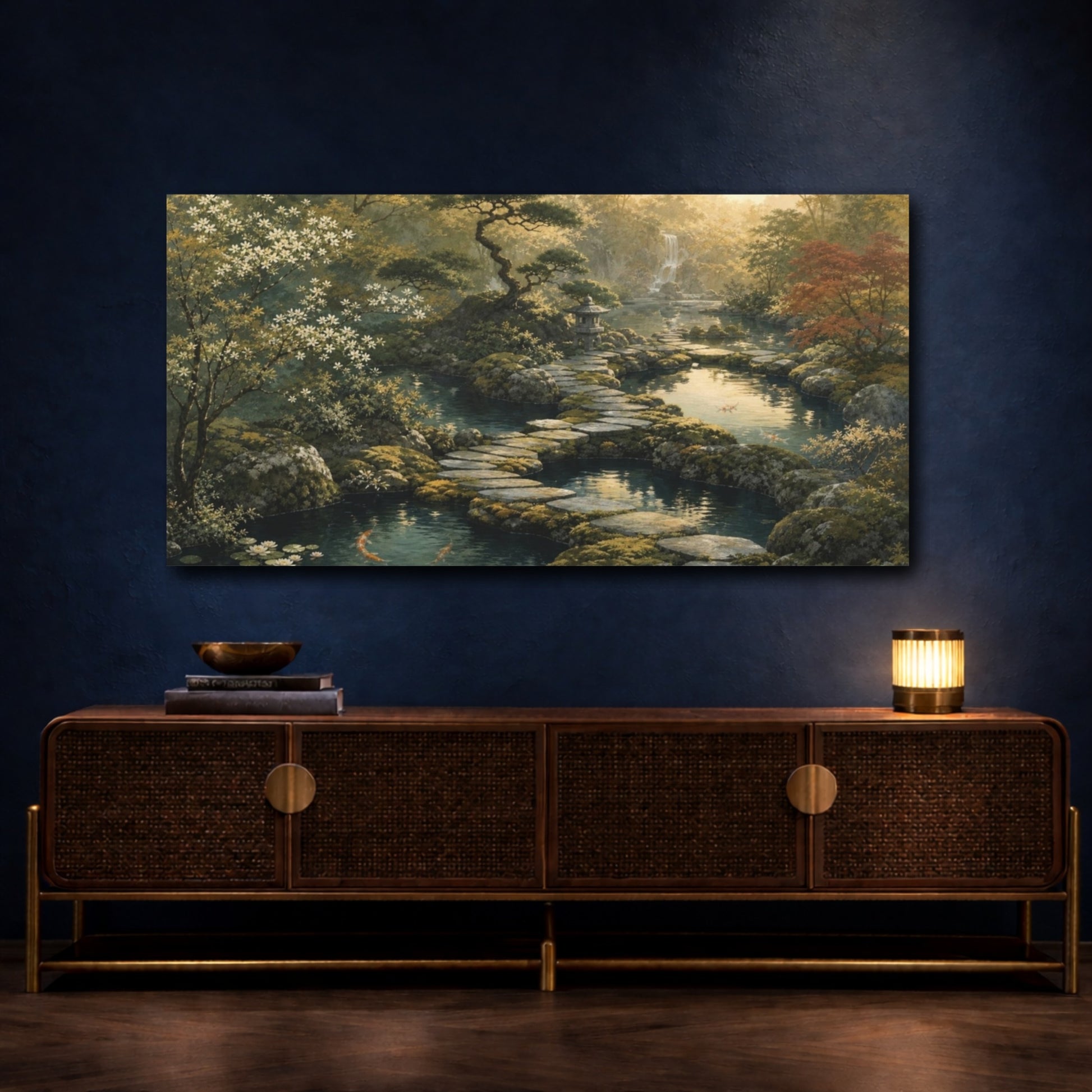Mockup 4. Zen-Inflected Atmospheric Painting Three Garden Ponds Linked By Stepping Stones, Moss, Slate And Muted Gold shown as canvas print